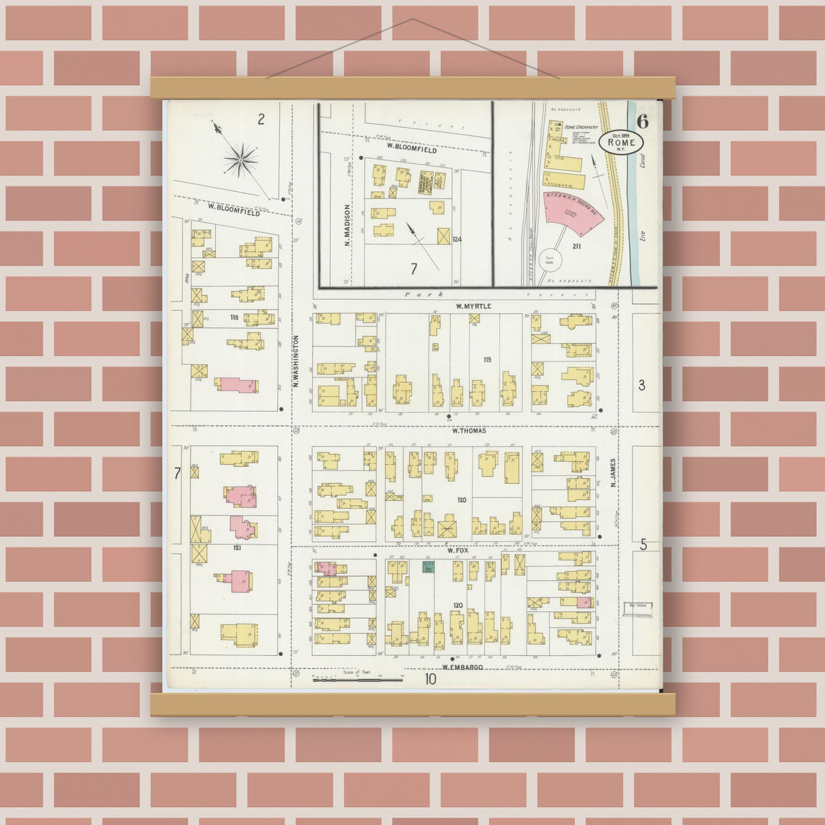 Old map wall art mockup — magnetic wood frame on brick wall — Sanborn Fire Insurance Map from Rome, Oneida County, New York (1899), Sheet #0006