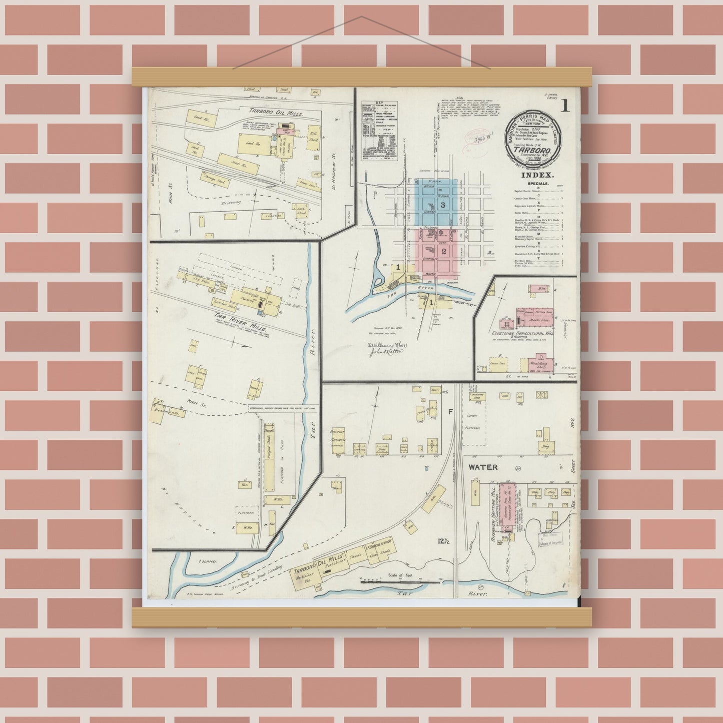 Old map wall art mockup — magnetic wood frame on brick wall — Sanborn Fire Insurance Map from Tarboro, Edgecombe County, North Carolina (1890), Sheet #0001