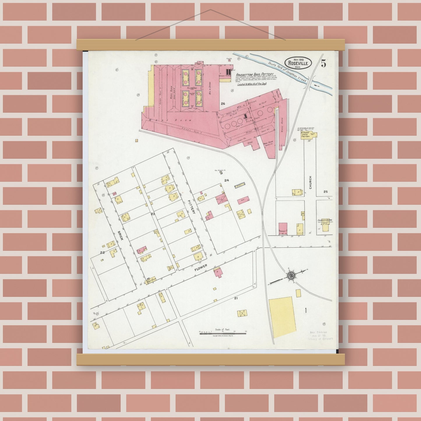 Old map wall art mockup — magnetic wood frame on brick wall — Sanborn Fire Insurance Map from Roseville, Perry And Muskingum Counties, Ohio (1918), Sheet #0005
