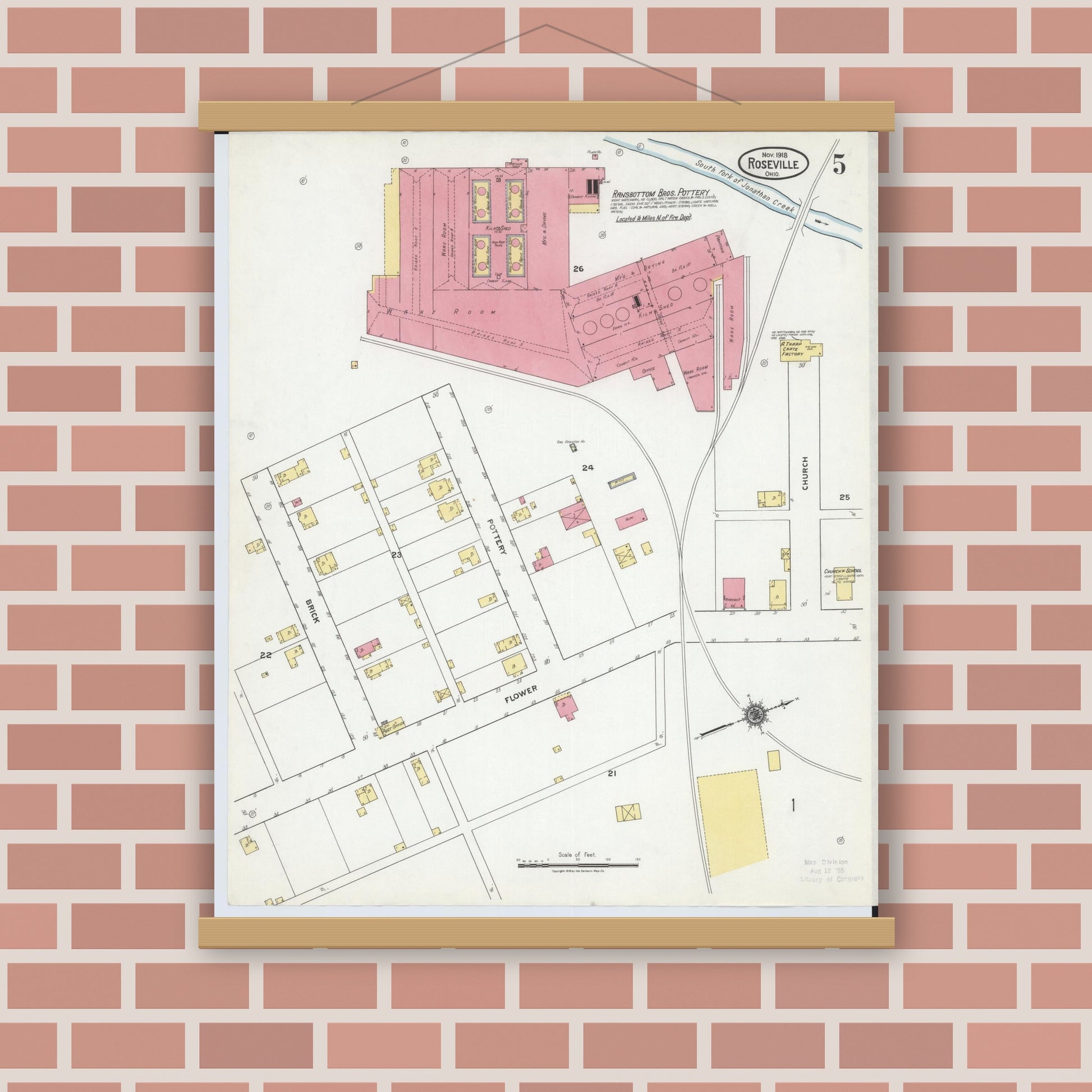 Old map wall art mockup — magnetic wood frame on brick wall — Sanborn Fire Insurance Map from Roseville, Perry And Muskingum Counties, Ohio (1918), Sheet #0005