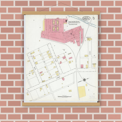Old map wall art mockup — magnetic wood frame on brick wall — Sanborn Fire Insurance Map from Roseville, Perry And Muskingum Counties, Ohio (1918), Sheet #0005