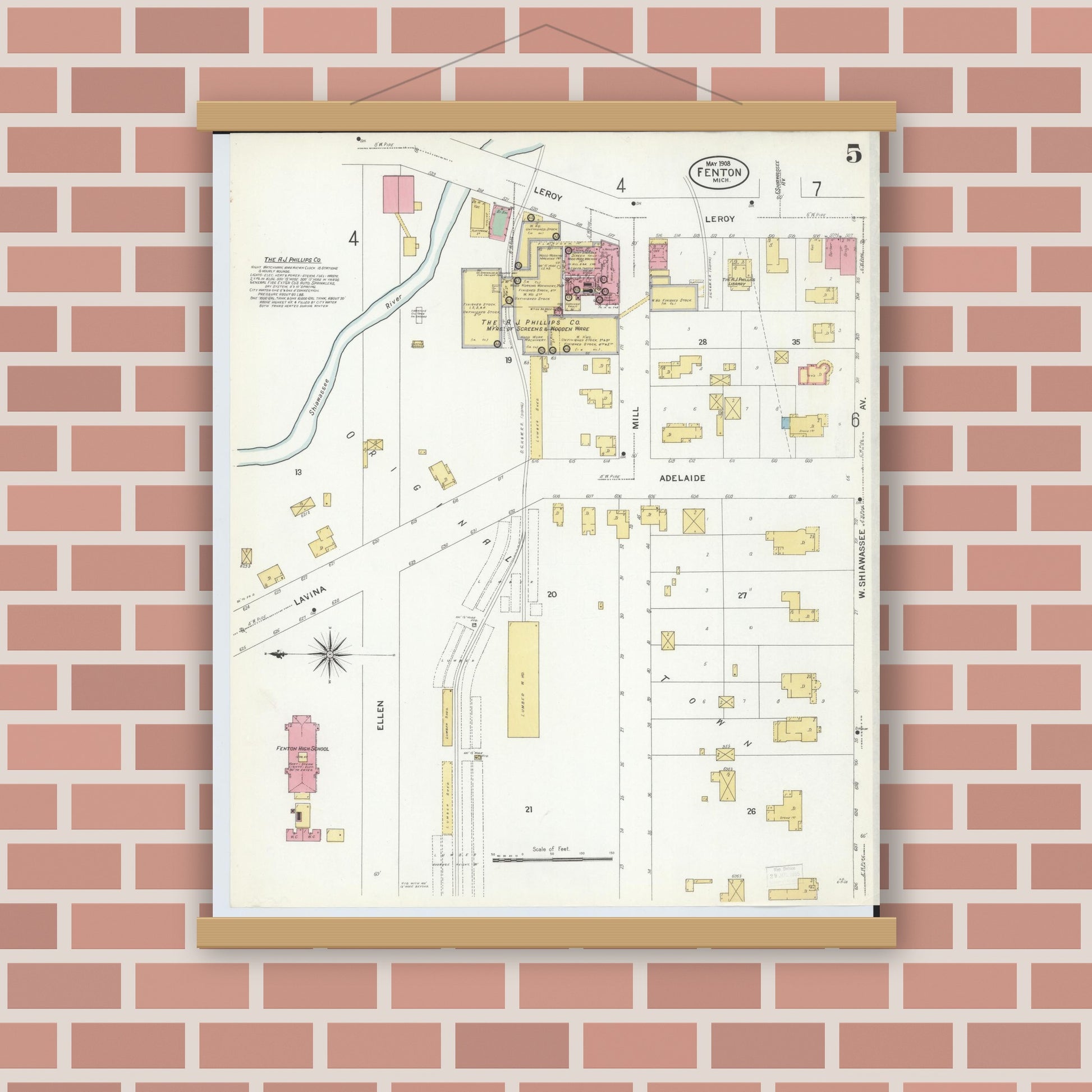 Old map wall art mockup — magnetic wood frame on brick wall — Sanborn Fire Insurance Map from Fenton, Genesee County, Michigan (1908), Sheet #0005