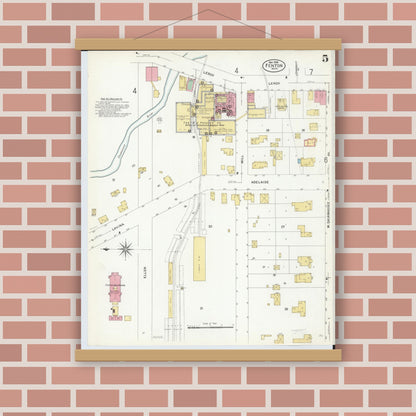 Old map wall art mockup — magnetic wood frame on brick wall — Sanborn Fire Insurance Map from Fenton, Genesee County, Michigan (1908), Sheet #0005