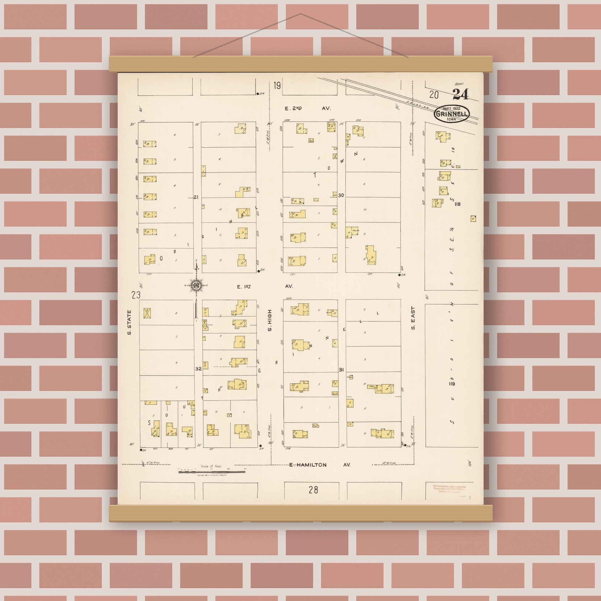 Old map wall art mockup — magnetic wood frame on brick wall — Sanborn Fire Insurance Map from Grinnell, Poweshiek County, Iowa (1922), Sheet #0024