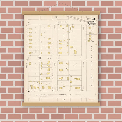 Old map wall art mockup — magnetic wood frame on brick wall — Sanborn Fire Insurance Map from Grinnell, Poweshiek County, Iowa (1922), Sheet #0024