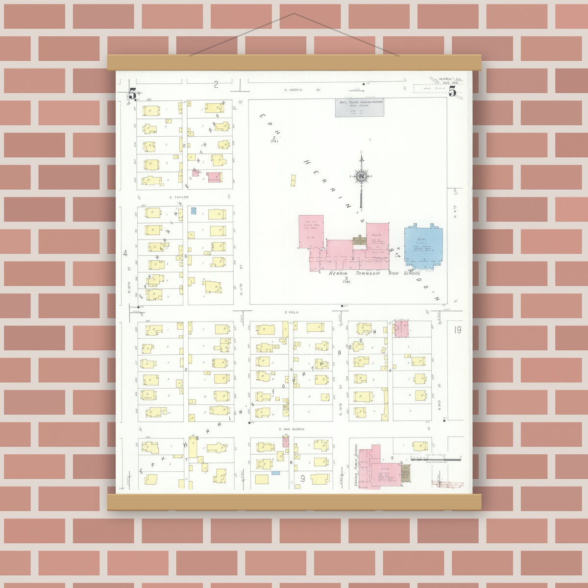 Old map wall art mockup — magnetic wood frame on brick wall — Sanborn Fire Insurance Map from Herrin, Williamson County, Illinois (1941), Sheet #0005