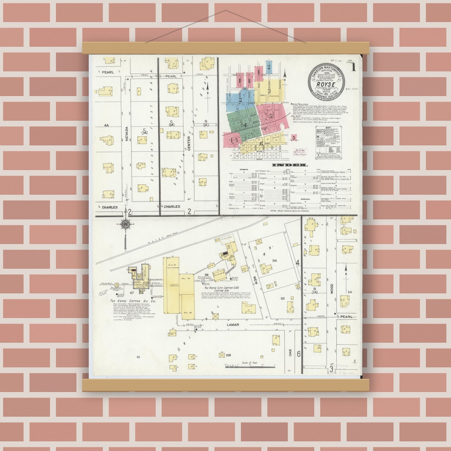 Old map wall art mockup — magnetic wood frame on brick wall — Sanborn Fire Insurance Map from Royse City, Rockwell County, Texas (1911) - Complete Map Set