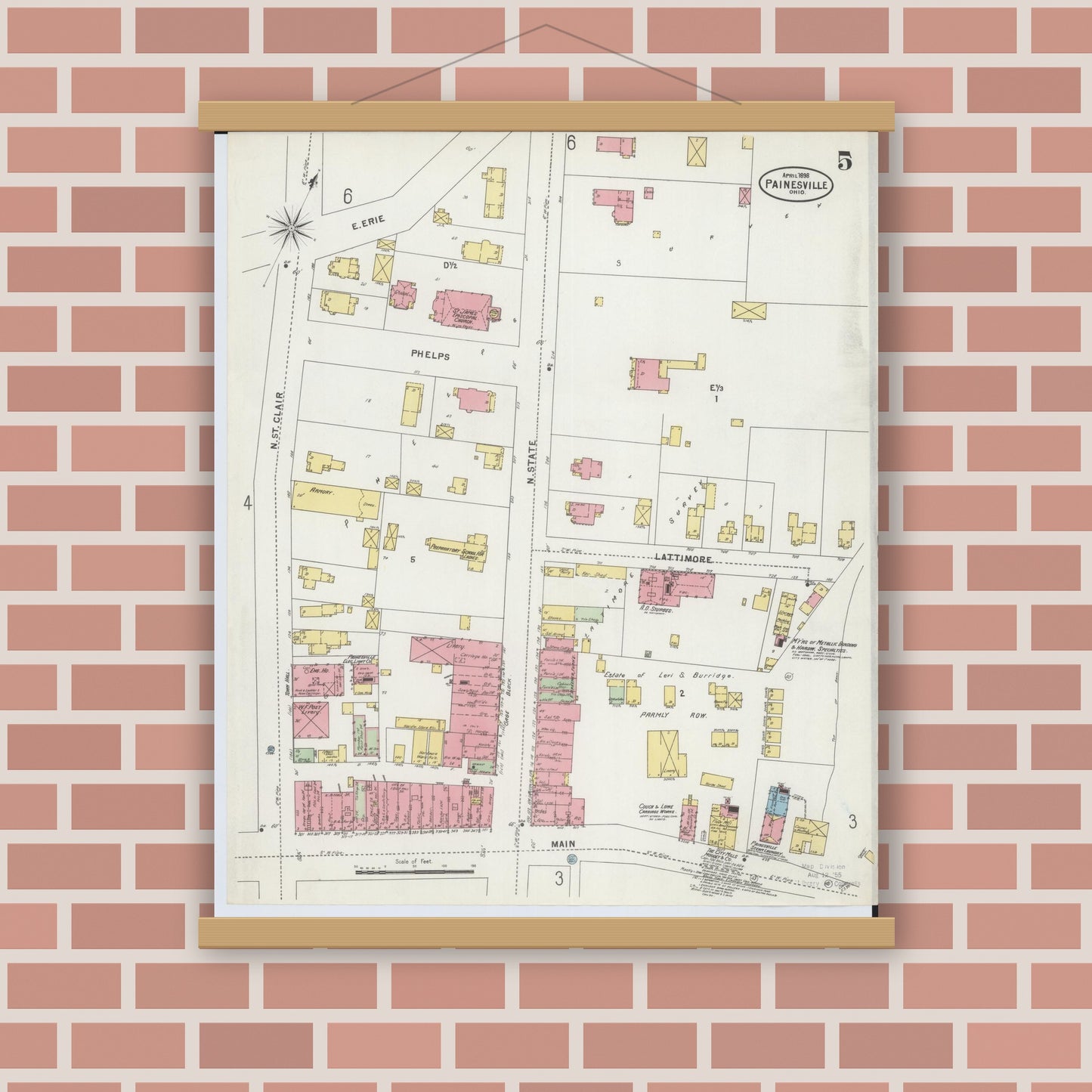 Old map wall art mockup — magnetic wood frame on brick wall — Sanborn Fire Insurance Map from Painesville, Lake County, Ohio (1898), Sheet #0005