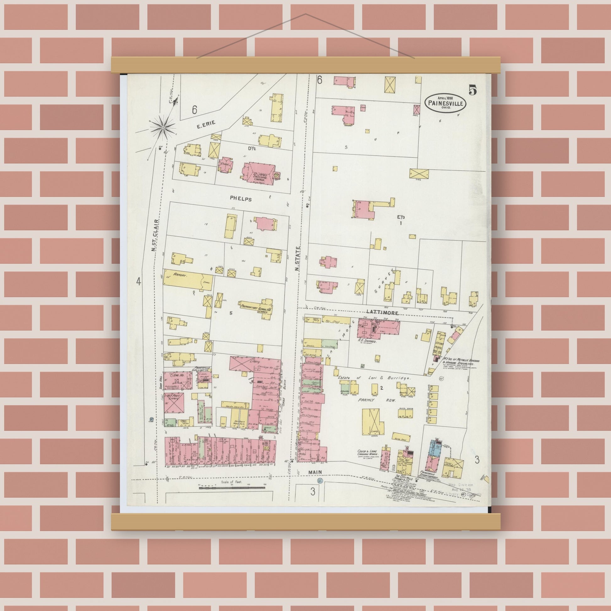 Old map wall art mockup — magnetic wood frame on brick wall — Sanborn Fire Insurance Map from Painesville, Lake County, Ohio (1898), Sheet #0005