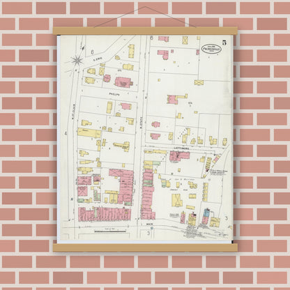 Old map wall art mockup — magnetic wood frame on brick wall — Sanborn Fire Insurance Map from Painesville, Lake County, Ohio (1898), Sheet #0005