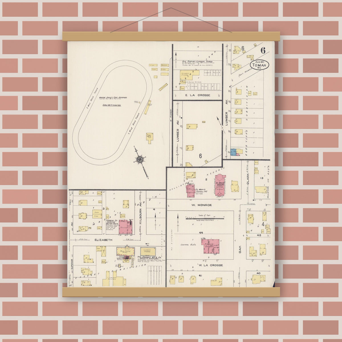 Old map wall art mockup — magnetic wood frame on brick wall — Sanborn Fire Insurance Map from Tomah, Monroe County, Wisconsin (1922), Sheet #0006
