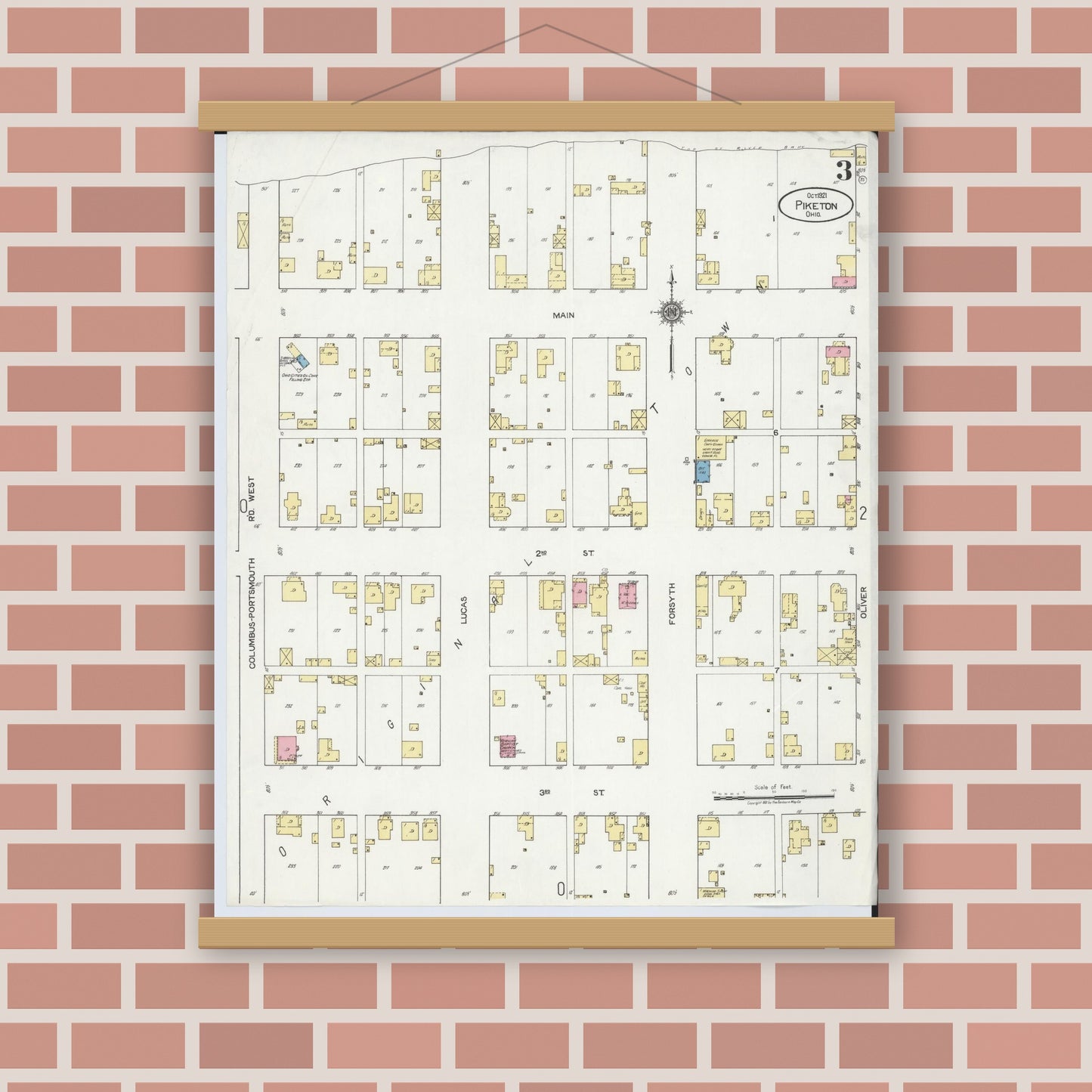 Old map wall art mockup — magnetic wood frame on brick wall — Sanborn Fire Insurance Map from Piketon, Pike County, Ohio (1921), Sheet #0003