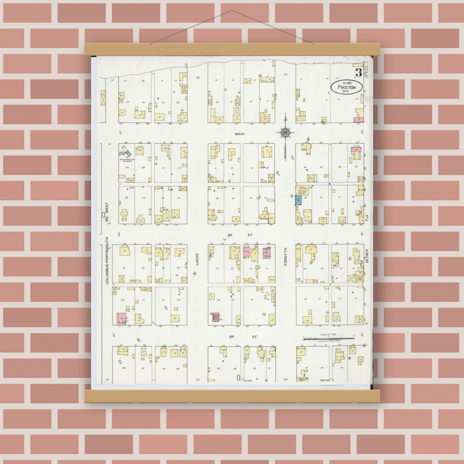 Old map wall art mockup — magnetic wood frame on brick wall — Sanborn Fire Insurance Map from Piketon, Pike County, Ohio (1921), Sheet #0003