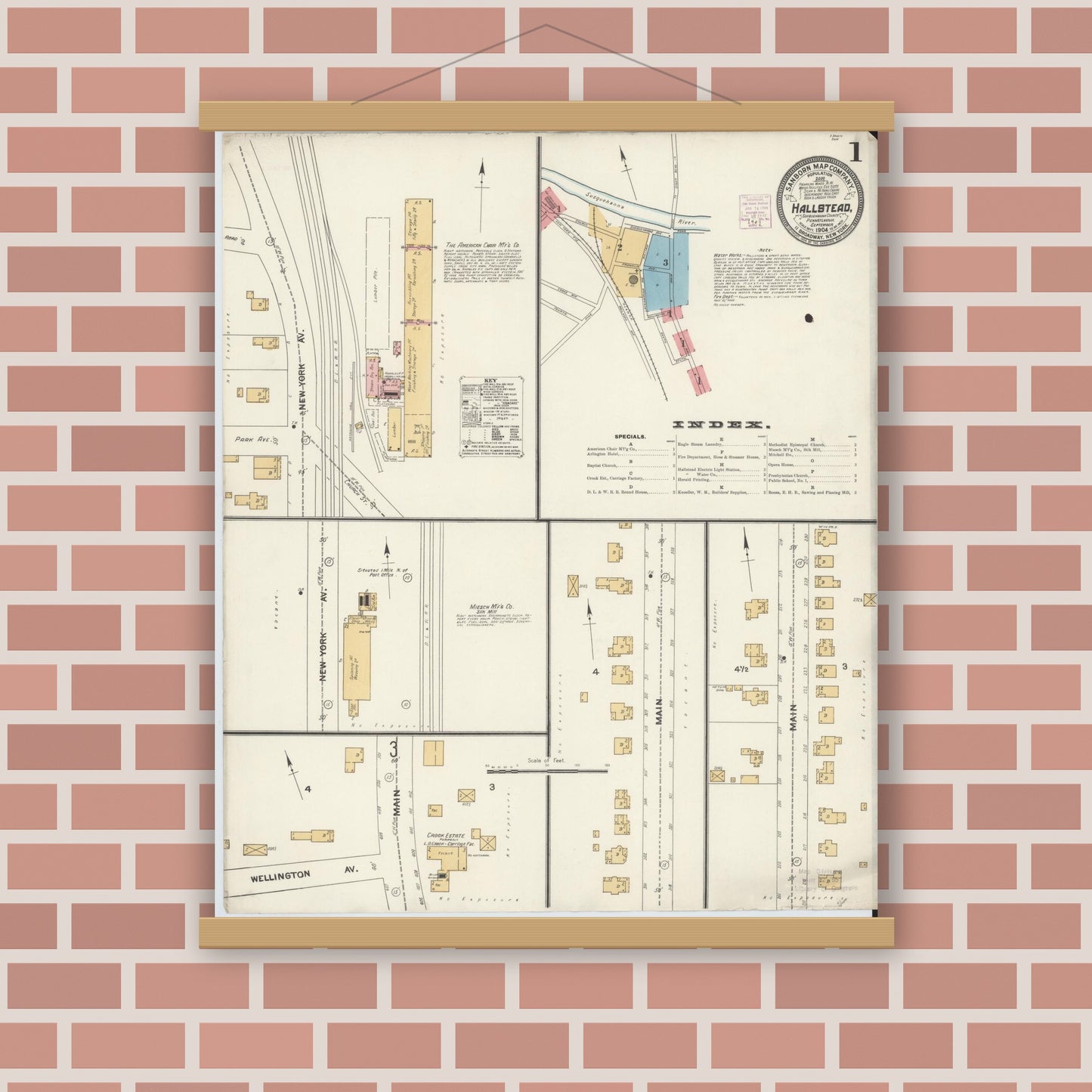Old map wall art mockup — magnetic wood frame on brick wall — Sanborn Fire Insurance Map from Hallstead, Susquehanna County, Pennsylvania (1904), Sheet #0001