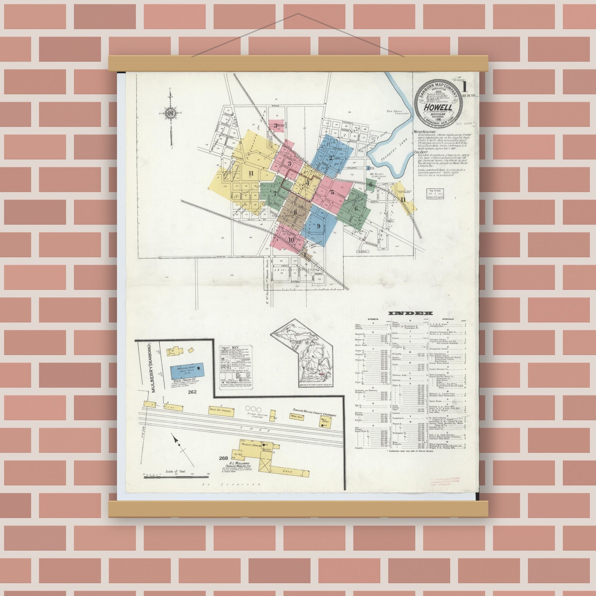Old map wall art mockup — magnetic wood frame on brick wall — Sanborn Fire Insurance Map from Howell, Livingston County, Michigan (1916) - Complete Map Set