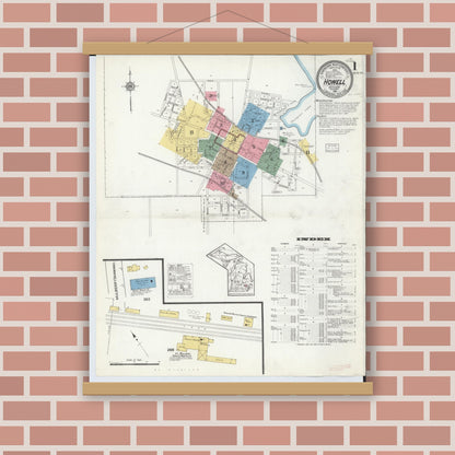 Old map wall art mockup — magnetic wood frame on brick wall — Sanborn Fire Insurance Map from Howell, Livingston County, Michigan (1916) - Complete Map Set