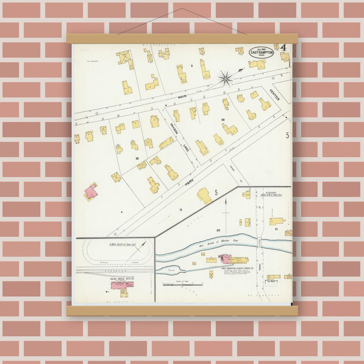 Old map wall art mockup — magnetic wood frame on brick wall — Sanborn Fire Insurance Map from East Hampton, Hampshire County, Massachusetts (1902), Sheet #0004