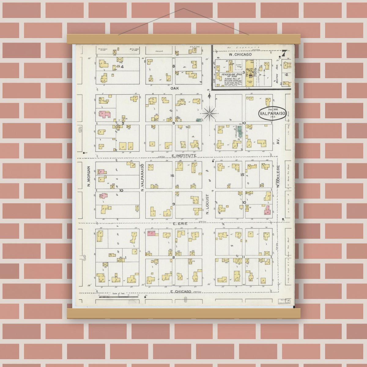 Old map wall art mockup — magnetic wood frame on brick wall — Sanborn Fire Insurance Map from Valparaiso, Porter County, Indiana (1892), Sheet #0007