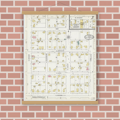 Old map wall art mockup — magnetic wood frame on brick wall — Sanborn Fire Insurance Map from Valparaiso, Porter County, Indiana (1892), Sheet #0007