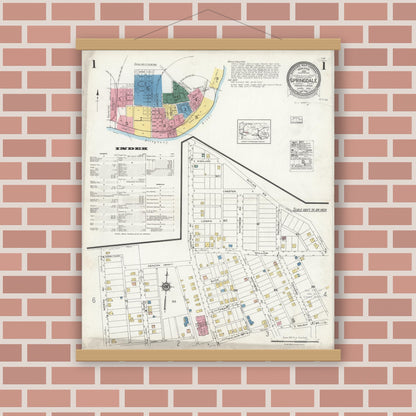 Old map wall art mockup — magnetic wood frame on brick wall — Sanborn Fire Insurance Map from Springdale, Allegheny County, Pennsylvania (1924), Sheet #0001