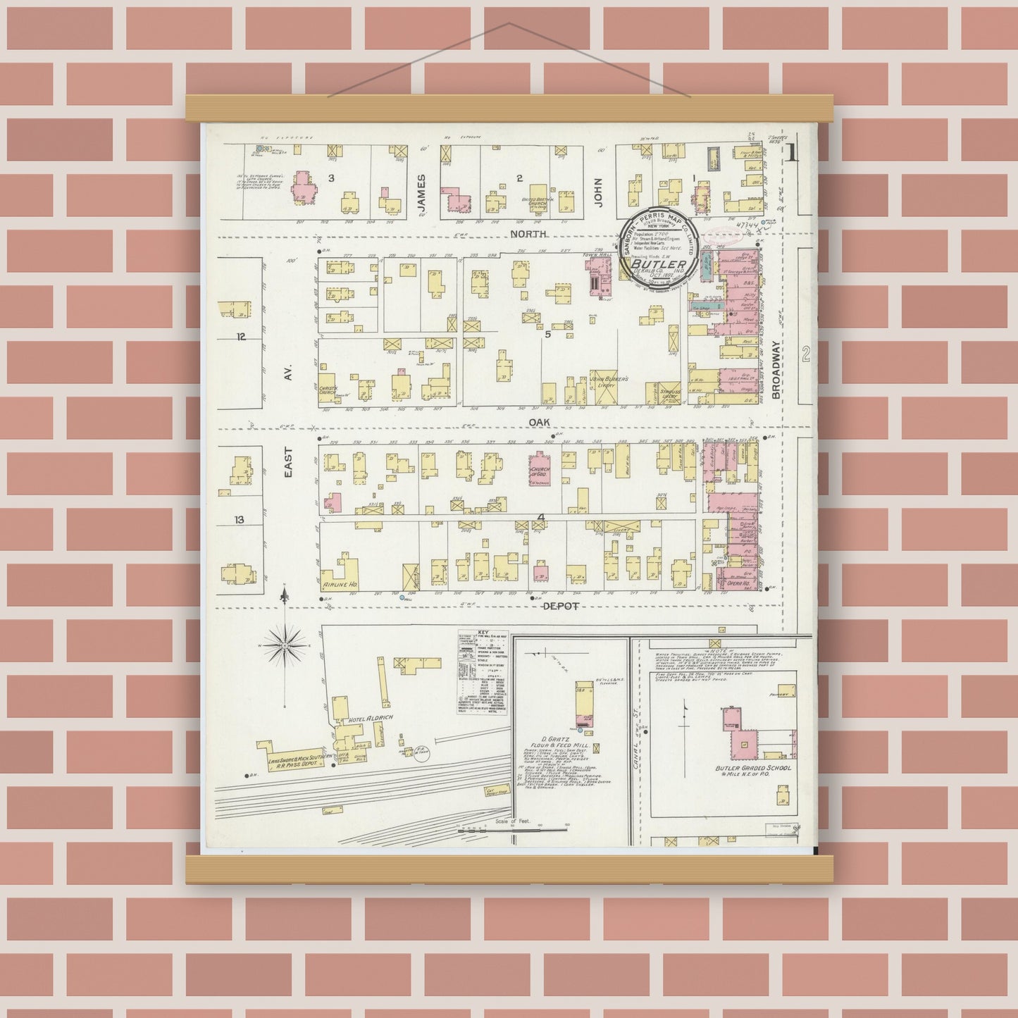 Old map wall art mockup — magnetic wood frame on brick wall — Sanborn Fire Insurance Map from Butler, De Kalb County, Indiana (1892) - Complete Map Set