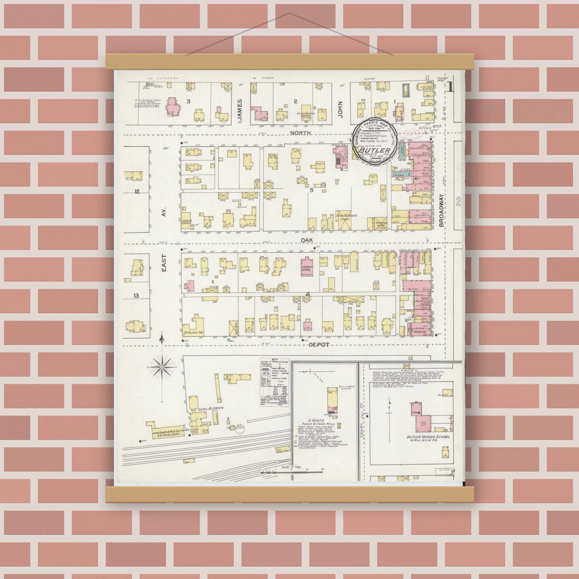 Old map wall art mockup — magnetic wood frame on brick wall — Sanborn Fire Insurance Map from Butler, De Kalb County, Indiana (1892) - Complete Map Set