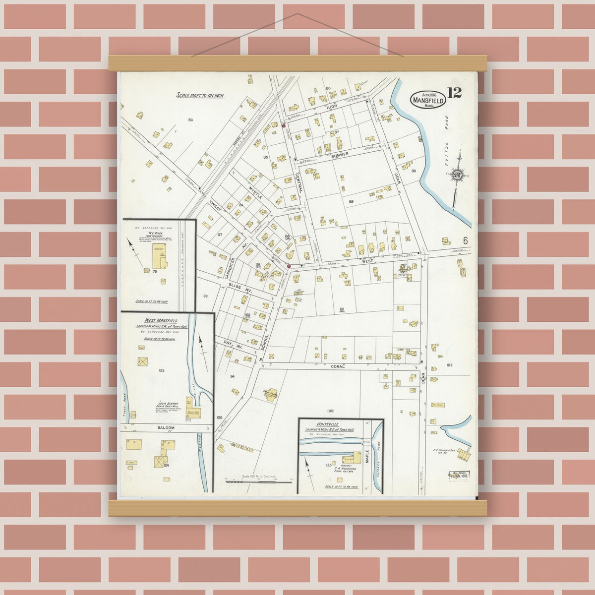 Old map wall art mockup — magnetic wood frame on brick wall — Sanborn Fire Insurance Map from Mansfield, Bristol County, Massachusetts (1916), Sheet #0012