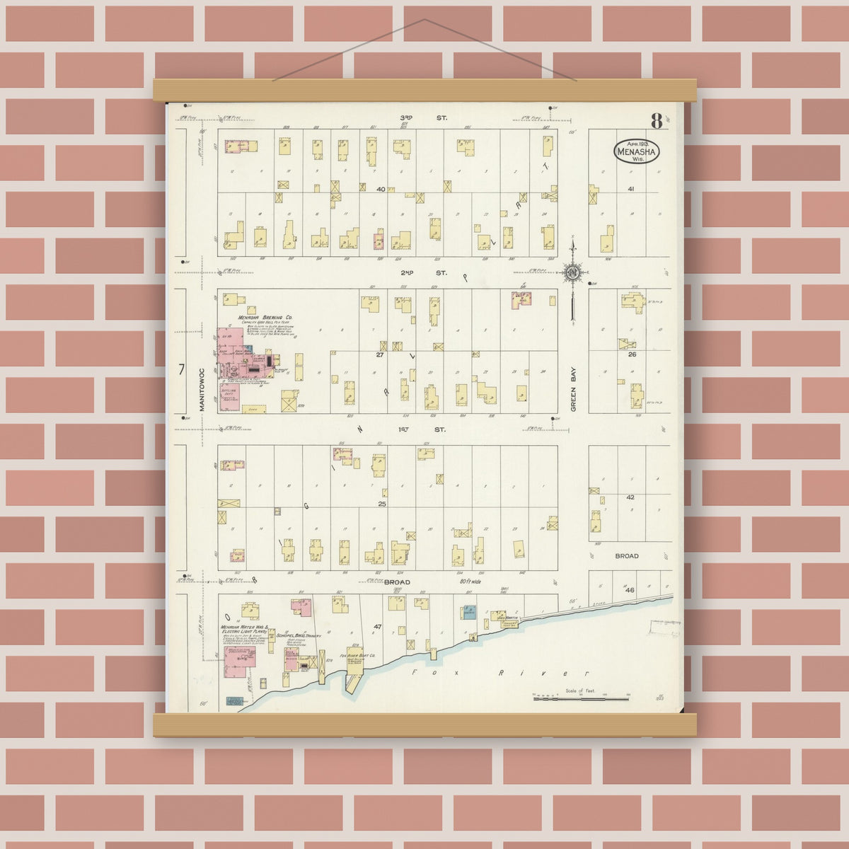 Old map wall art mockup — magnetic wood frame on brick wall — Sanborn Fire Insurance Map from Menasha, Winnebago County, Wisconsin (1913), Sheet #0008