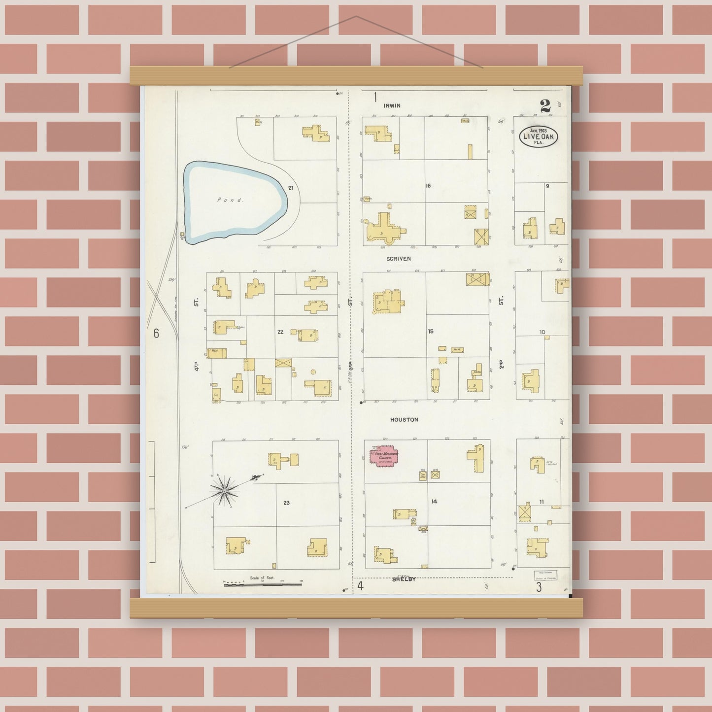 Old map wall art mockup — magnetic wood frame on brick wall — Sanborn Fire Insurance Map from Live Oak, Suwanee County, Florida (1903), Sheet #0002