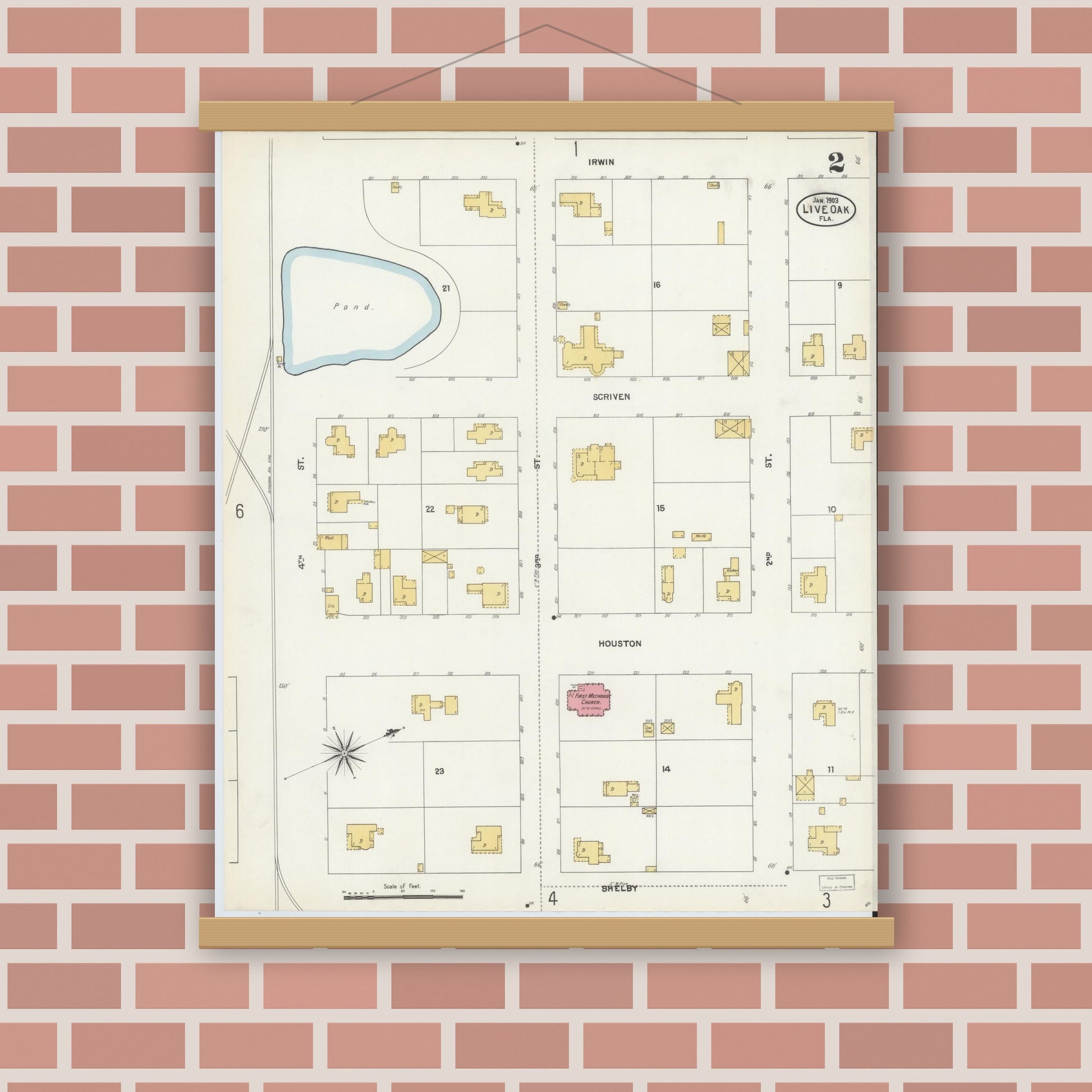 Old map wall art mockup — magnetic wood frame on brick wall — Sanborn Fire Insurance Map from Live Oak, Suwanee County, Florida (1903), Sheet #0002