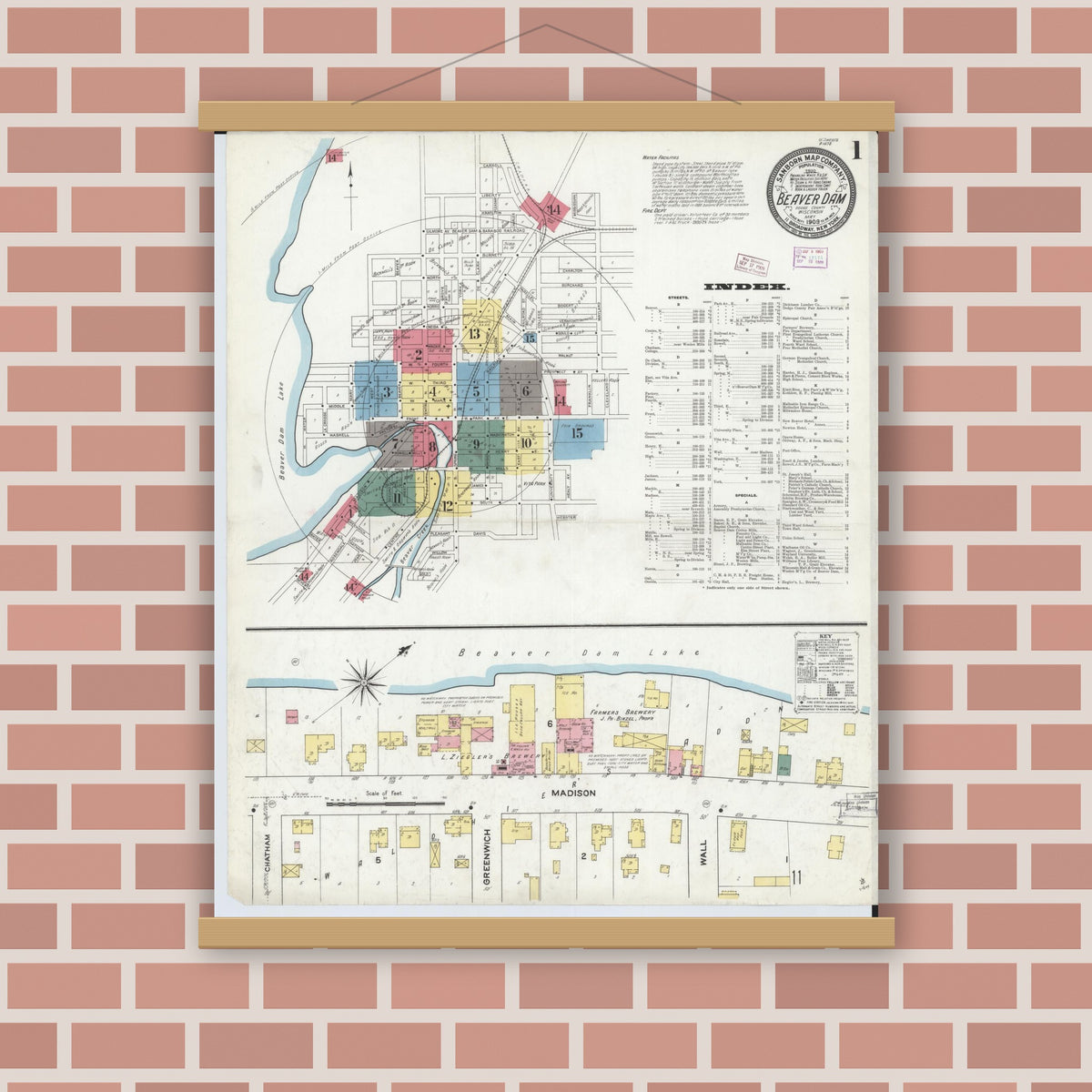 Old map wall art mockup — magnetic wood frame on brick wall — Sanborn Fire Insurance Map from Beaver Dam, Dodge County, Wisconsin (1909), Sheet #0001