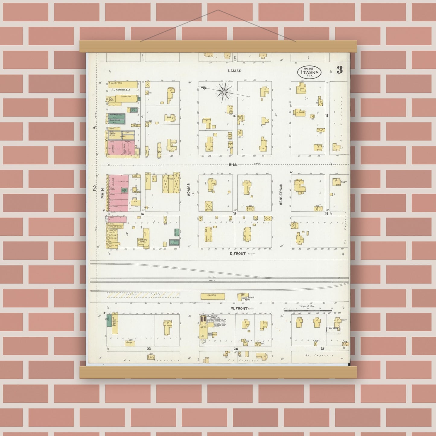 Old map wall art mockup — magnetic wood frame on brick wall — Sanborn Fire Insurance Map from Itasca, Hill County, Texas (1902), Sheet #0003