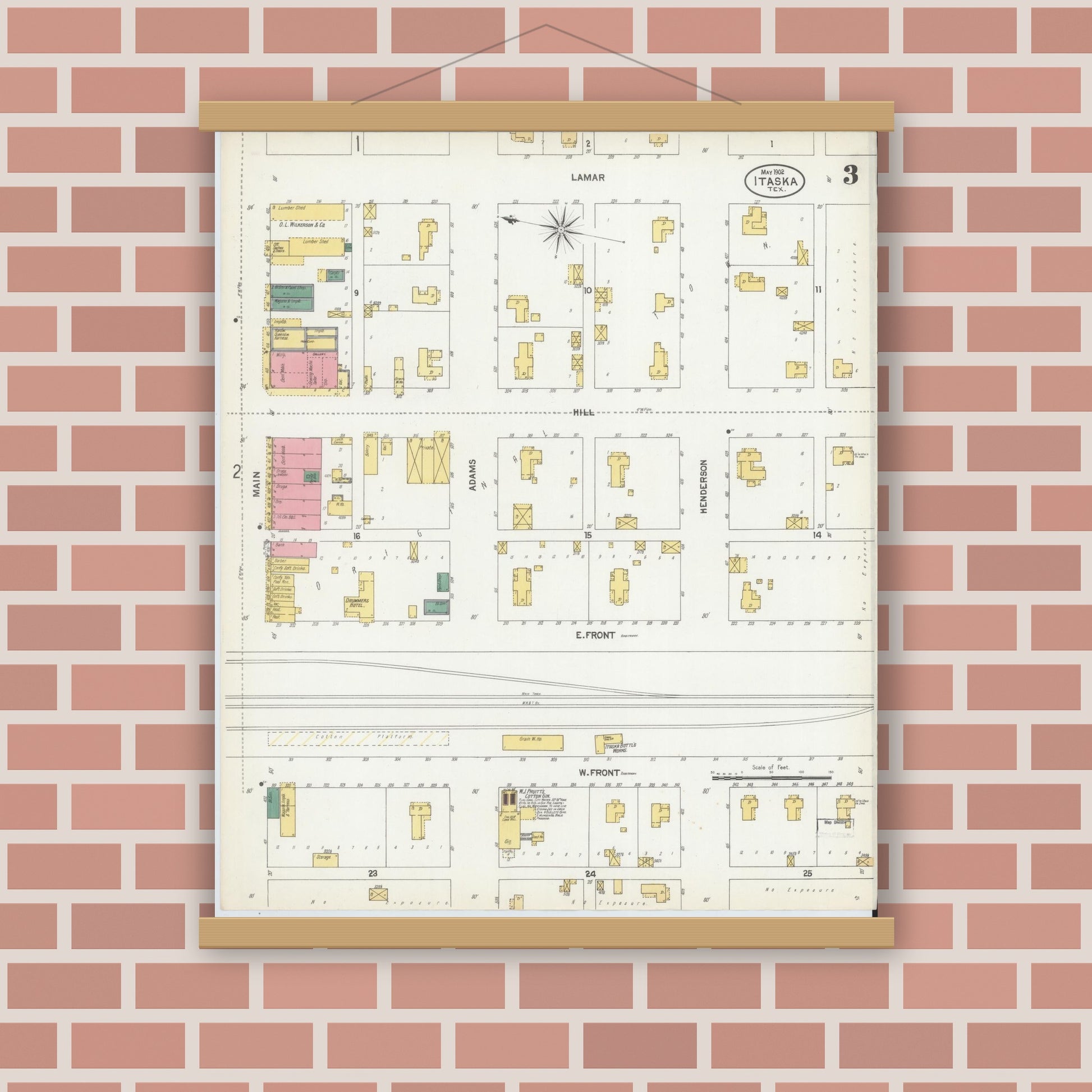 Old map wall art mockup — magnetic wood frame on brick wall — Sanborn Fire Insurance Map from Itasca, Hill County, Texas (1902), Sheet #0003