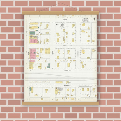 Old map wall art mockup — magnetic wood frame on brick wall — Sanborn Fire Insurance Map from Itasca, Hill County, Texas (1902), Sheet #0003