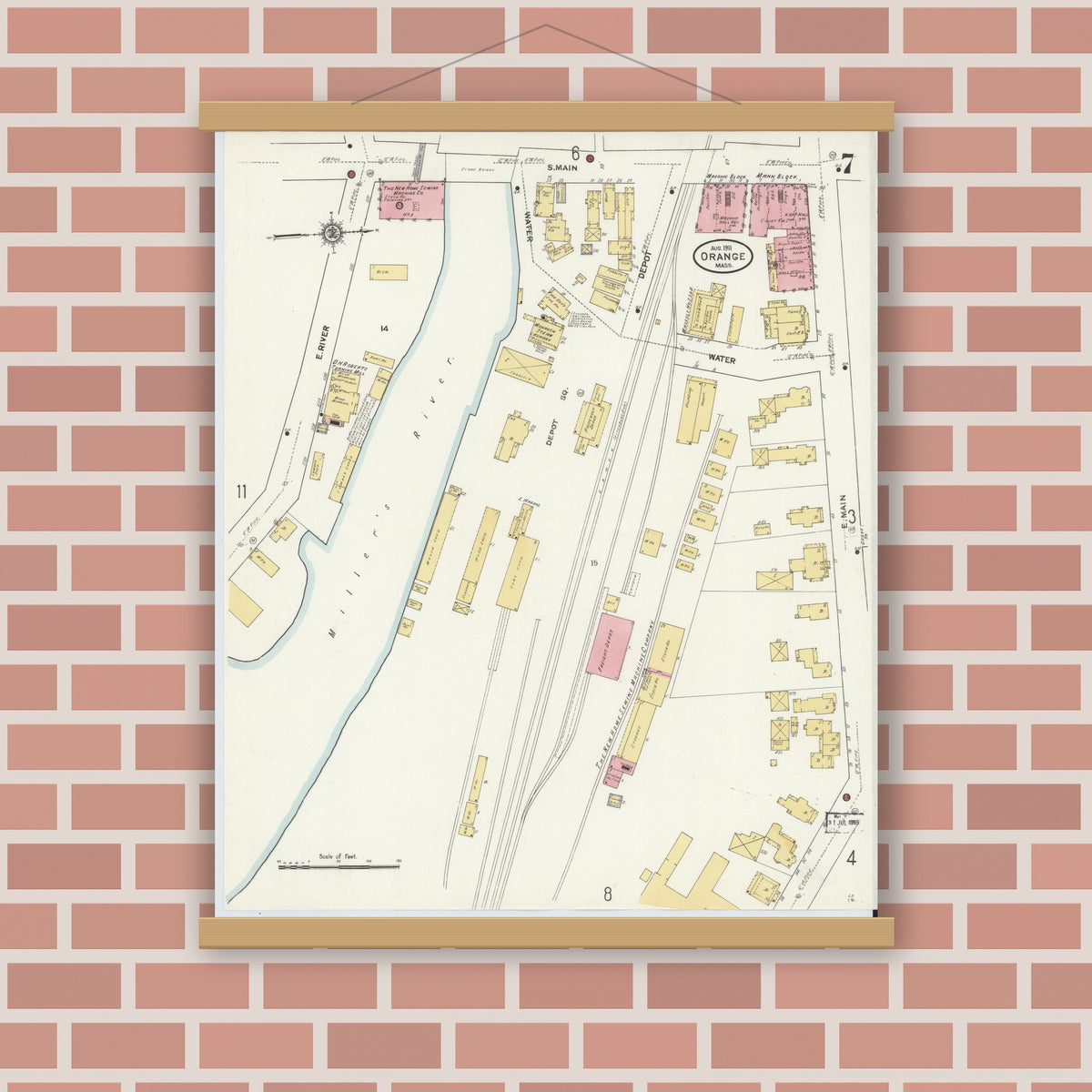 Old map wall art mockup — magnetic wood frame on brick wall — Sanborn Fire Insurance Map from Orange, Franklin County, Massachusetts (1911), Sheet #0007