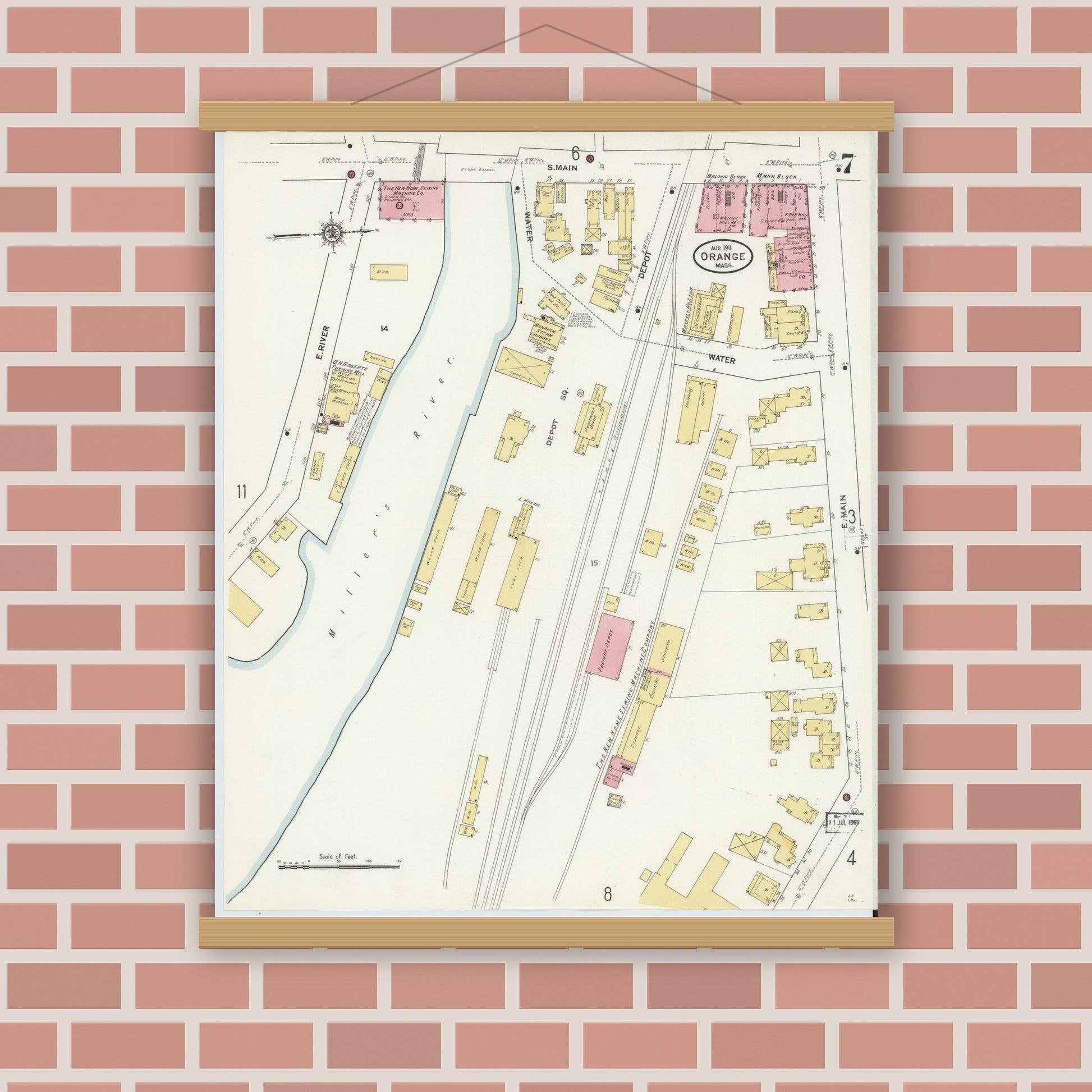 Old map wall art mockup — magnetic wood frame on brick wall — Sanborn Fire Insurance Map from Orange, Franklin County, Massachusetts (1911), Sheet #0007