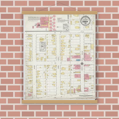 Old map wall art mockup — magnetic wood frame on brick wall — Sanborn Fire Insurance Map from Carbon, Clay County, Indiana (1918), Sheet #0001