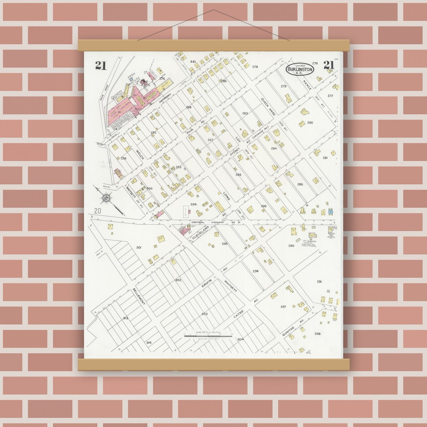 Old map wall art mockup — magnetic wood frame on brick wall — Sanborn Fire Insurance Map from Burlington, Alamance County, North Carolina (1929), Sheet #0021