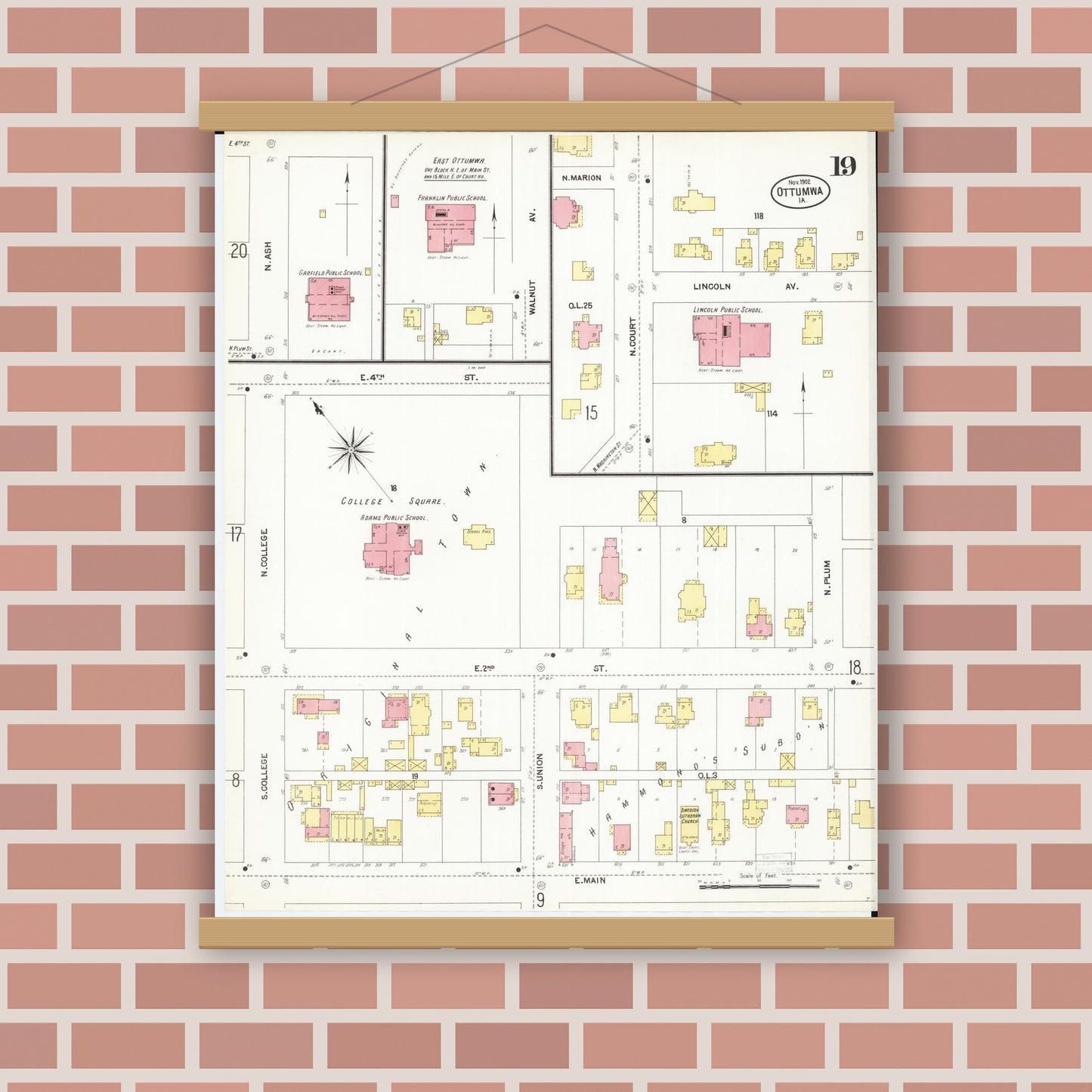 Old map wall art mockup — magnetic wood frame on brick wall — Sanborn Fire Insurance Map from Ottumwa, Wapello County, Iowa (1902), Sheet #0019