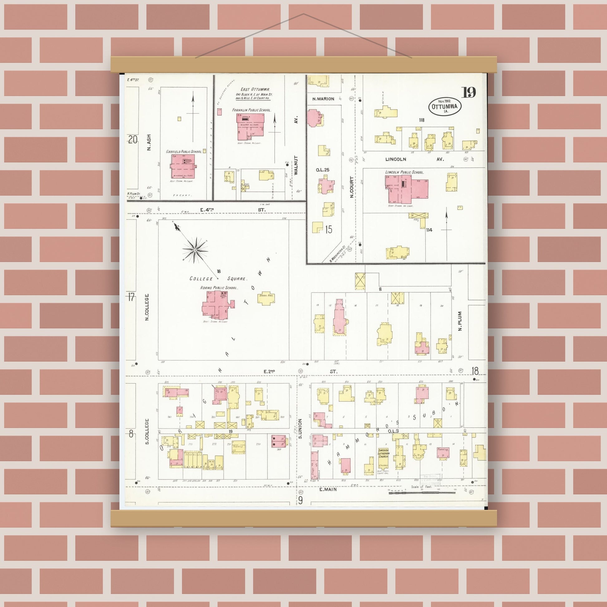 Old map wall art mockup — magnetic wood frame on brick wall — Sanborn Fire Insurance Map from Ottumwa, Wapello County, Iowa (1902), Sheet #0019