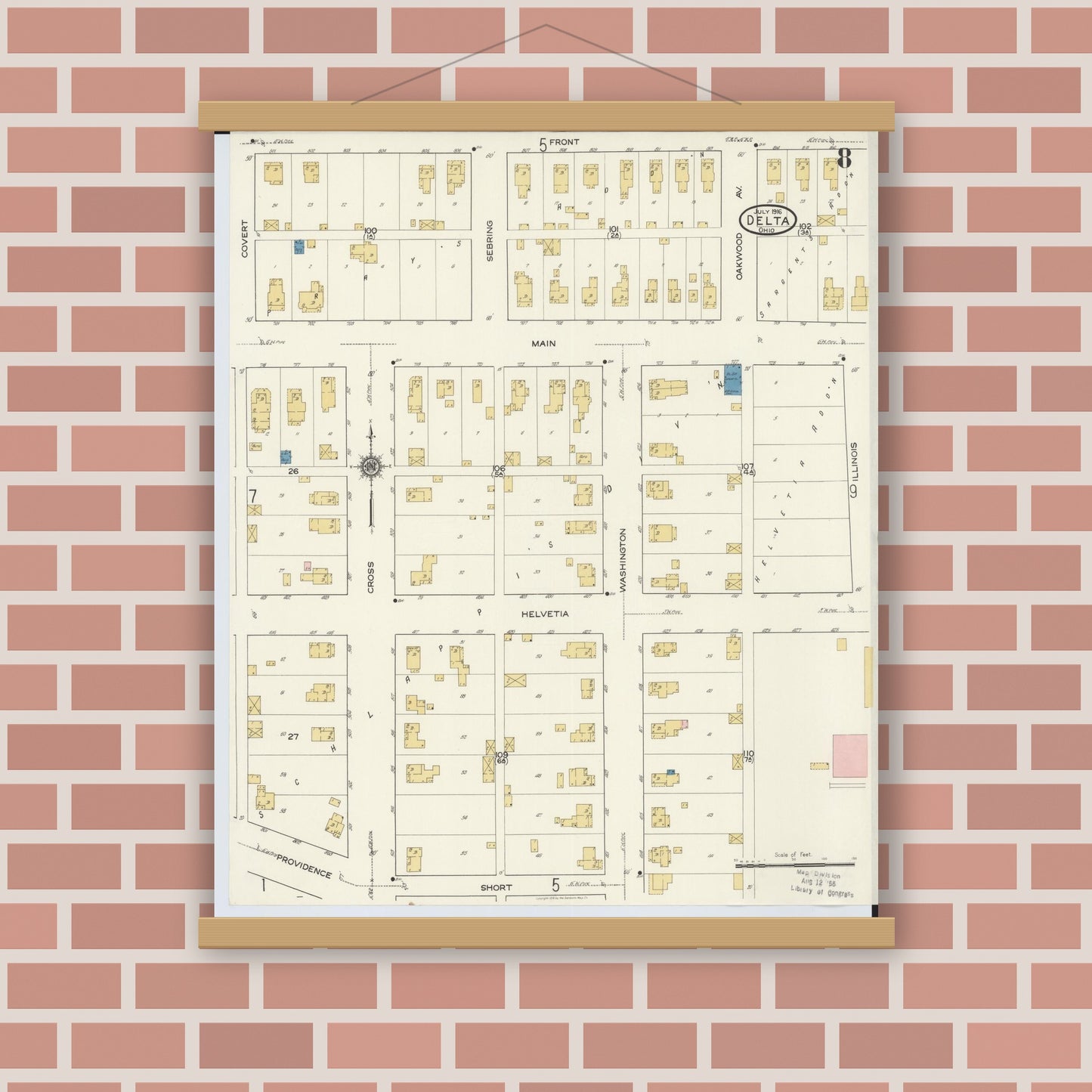 Old map wall art mockup — magnetic wood frame on brick wall — Sanborn Fire Insurance Map from Delta, Fulton County, Ohio (1916), Sheet #0008