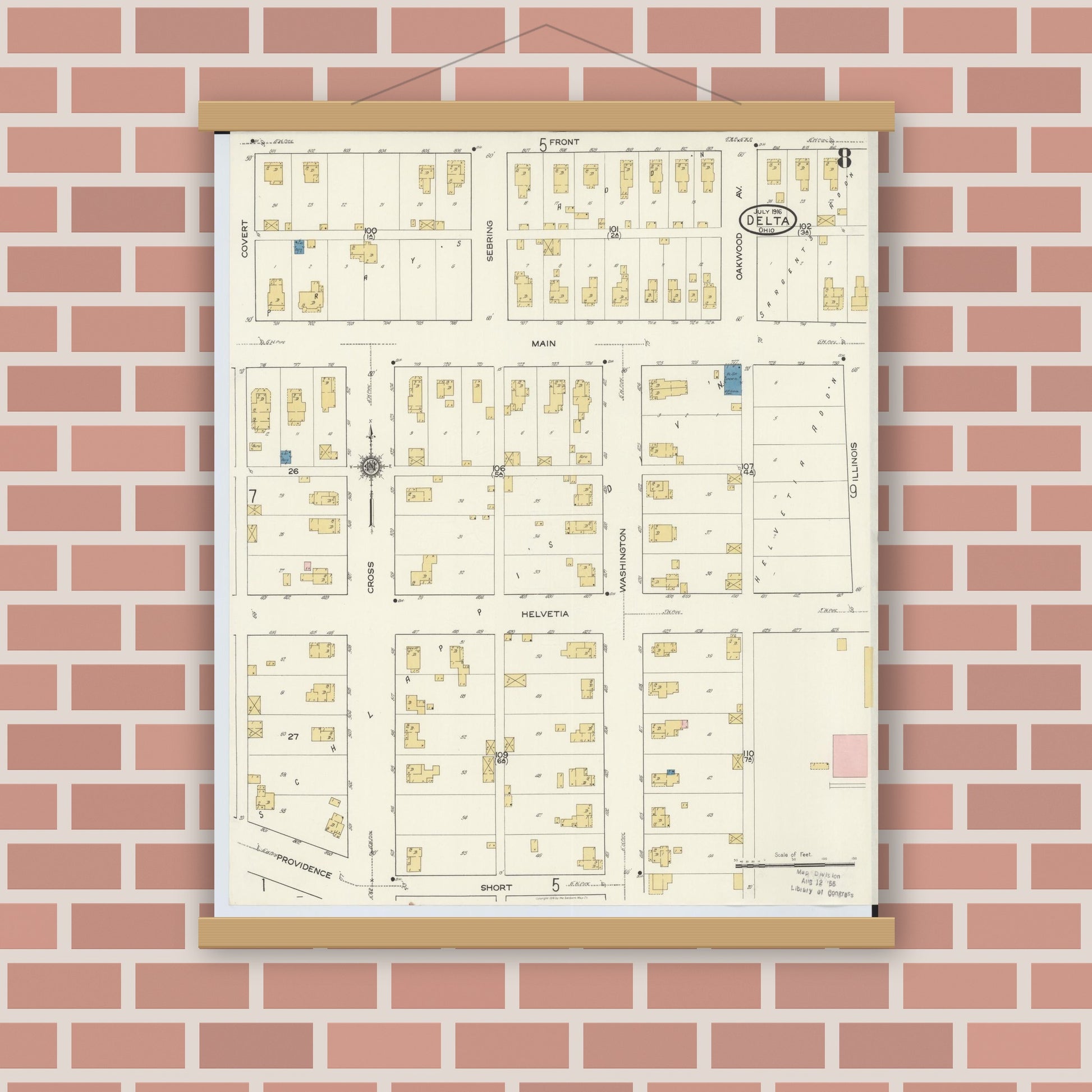 Old map wall art mockup — magnetic wood frame on brick wall — Sanborn Fire Insurance Map from Delta, Fulton County, Ohio (1916), Sheet #0008