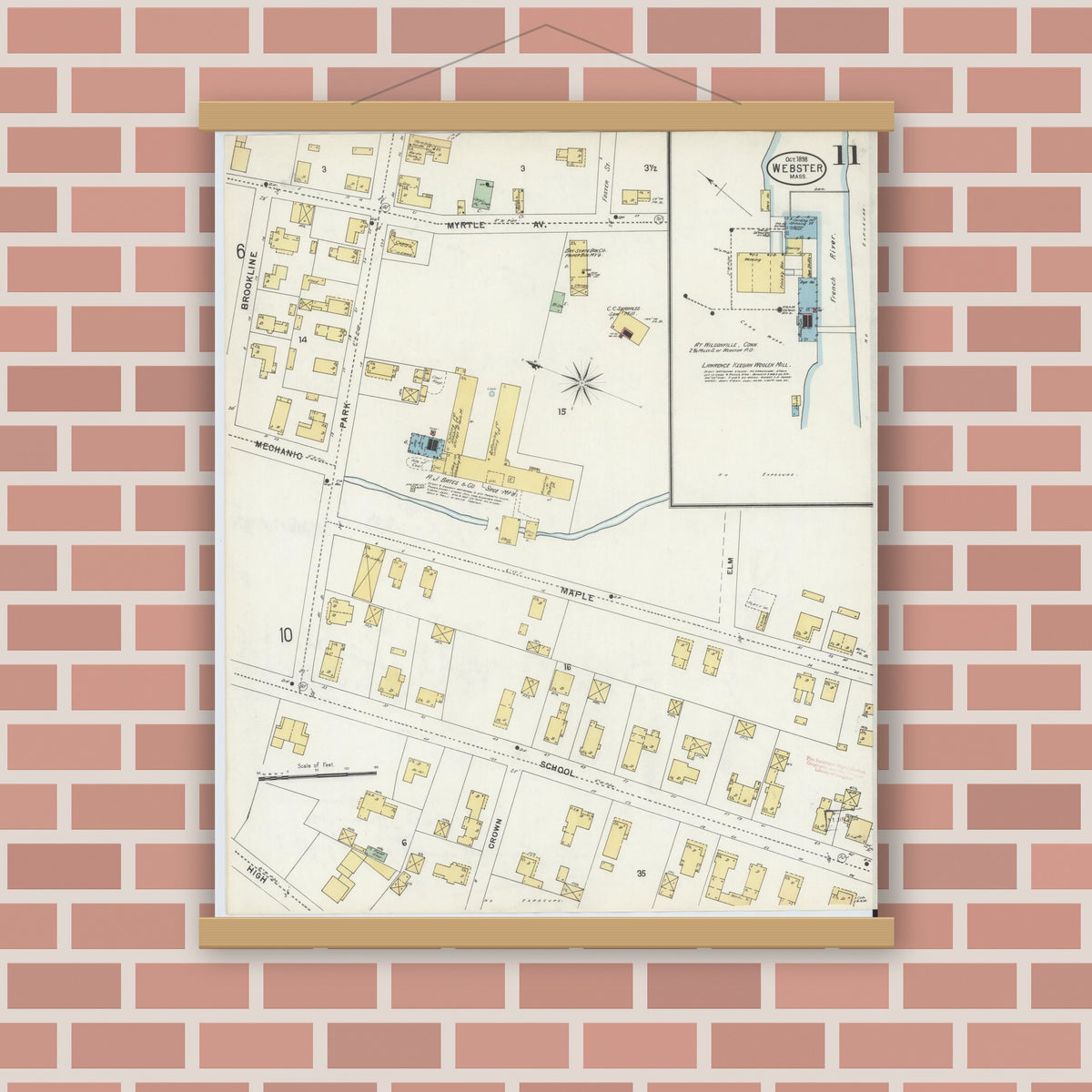 Old map wall art mockup — magnetic wood frame on brick wall — Sanborn Fire Insurance Map from Webster, Worcester County, Massachusetts (1898), Sheet #0011