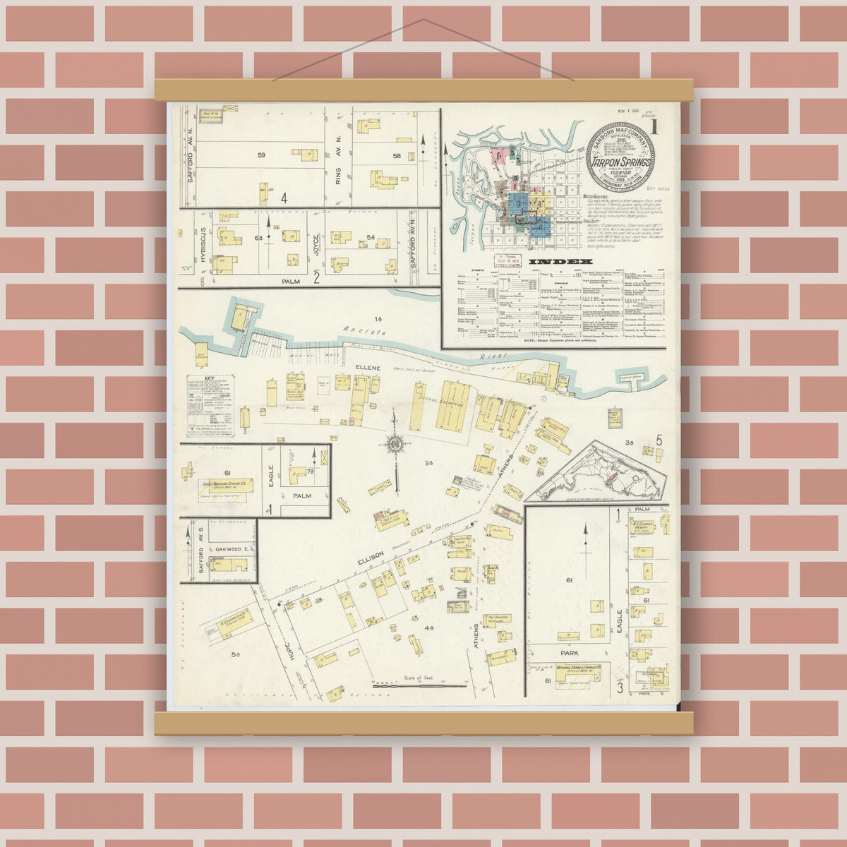 Old map wall art mockup — magnetic wood frame on brick wall — Sanborn Fire Insurance Map from Tarpon Springs, Pinellas County, Florida (1913) - Complete Map Set