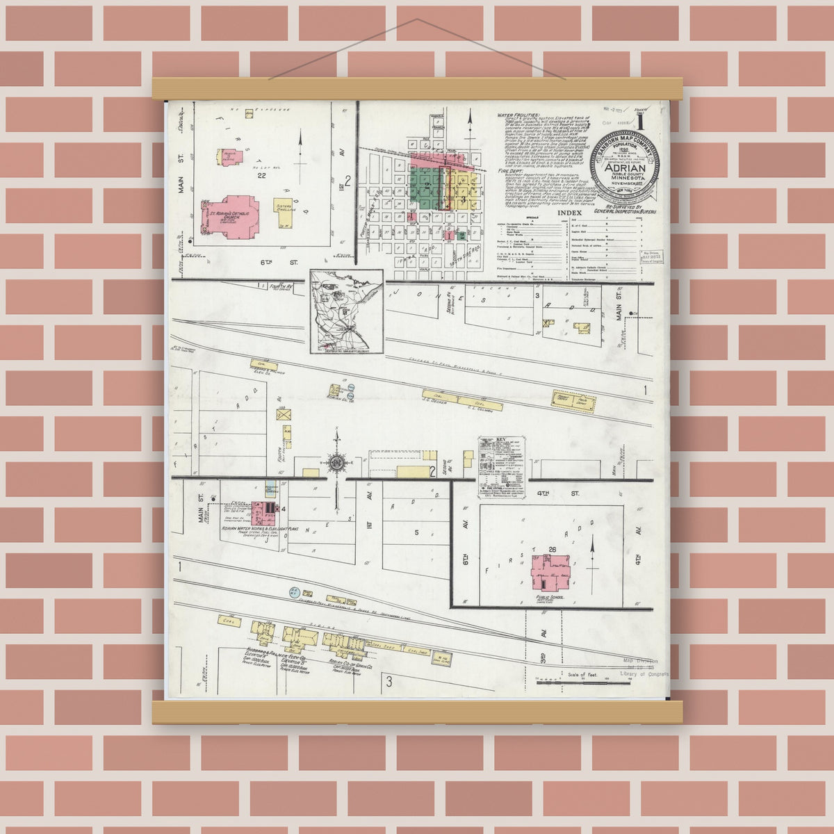 Old map wall art mockup — magnetic wood frame on brick wall — Sanborn Fire Insurance Map from Adrian, Nobles County, Minnesota (1922), Sheet #0001