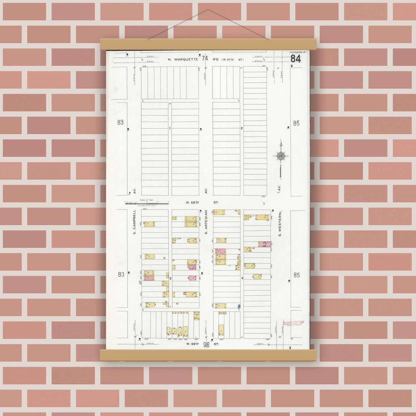 Old map wall art mockup — magnetic wood frame on brick wall — Sanborn Fire Insurance Map from Chicago, Cook County, Illinois (1920), Sheet #0084