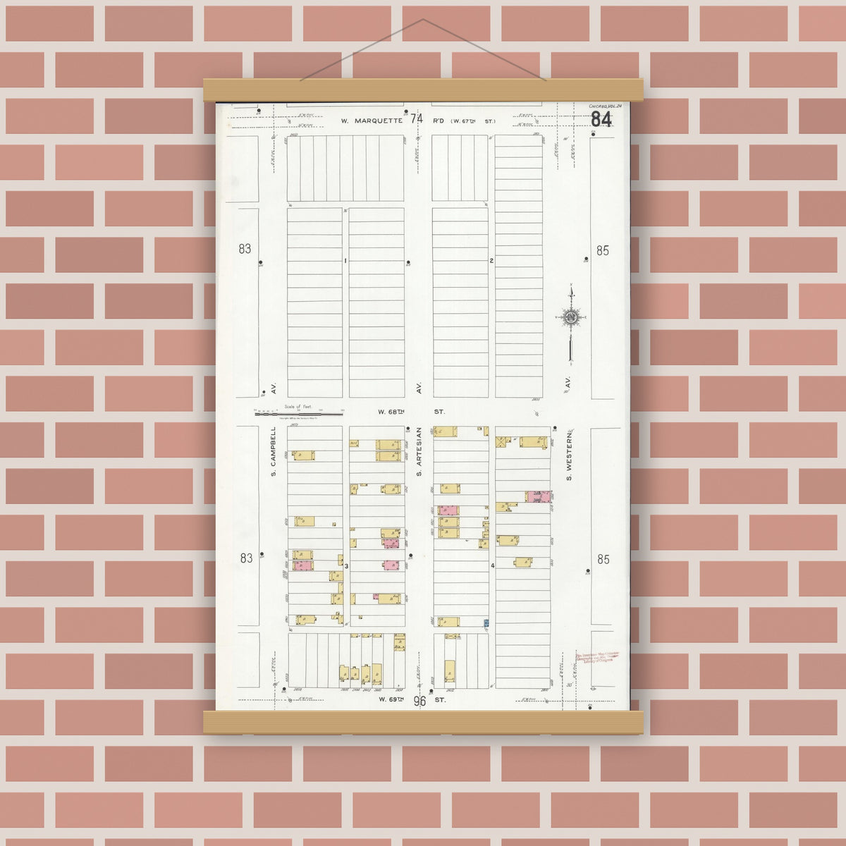 Old map wall art mockup — magnetic wood frame on brick wall — Sanborn Fire Insurance Map from Chicago, Cook County, Illinois (1920), Sheet #0084