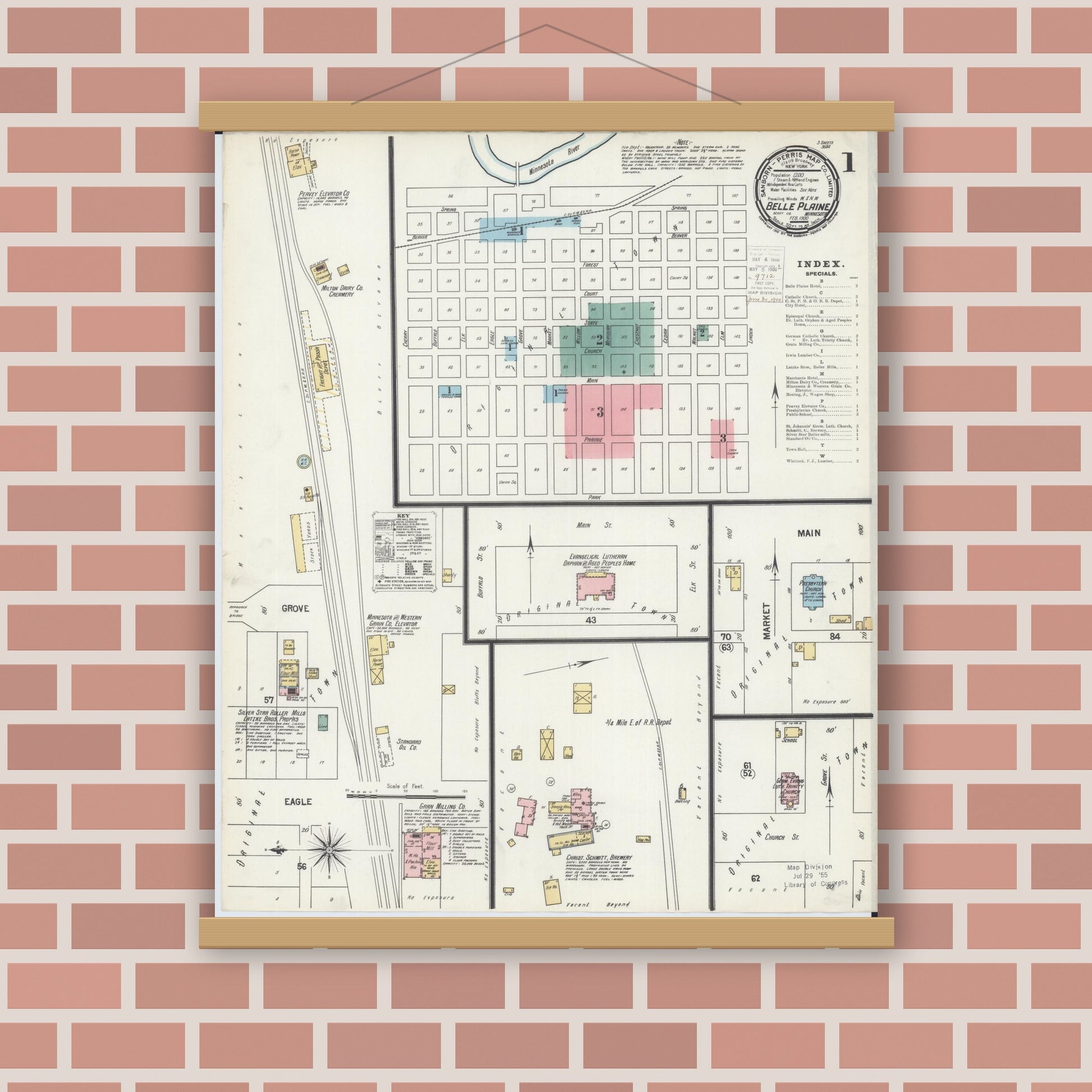 Old map wall art mockup — magnetic wood frame on brick wall — Sanborn Fire Insurance Map from Belle Plaine, Scott County, Minnesota (1900) - Complete Map Set