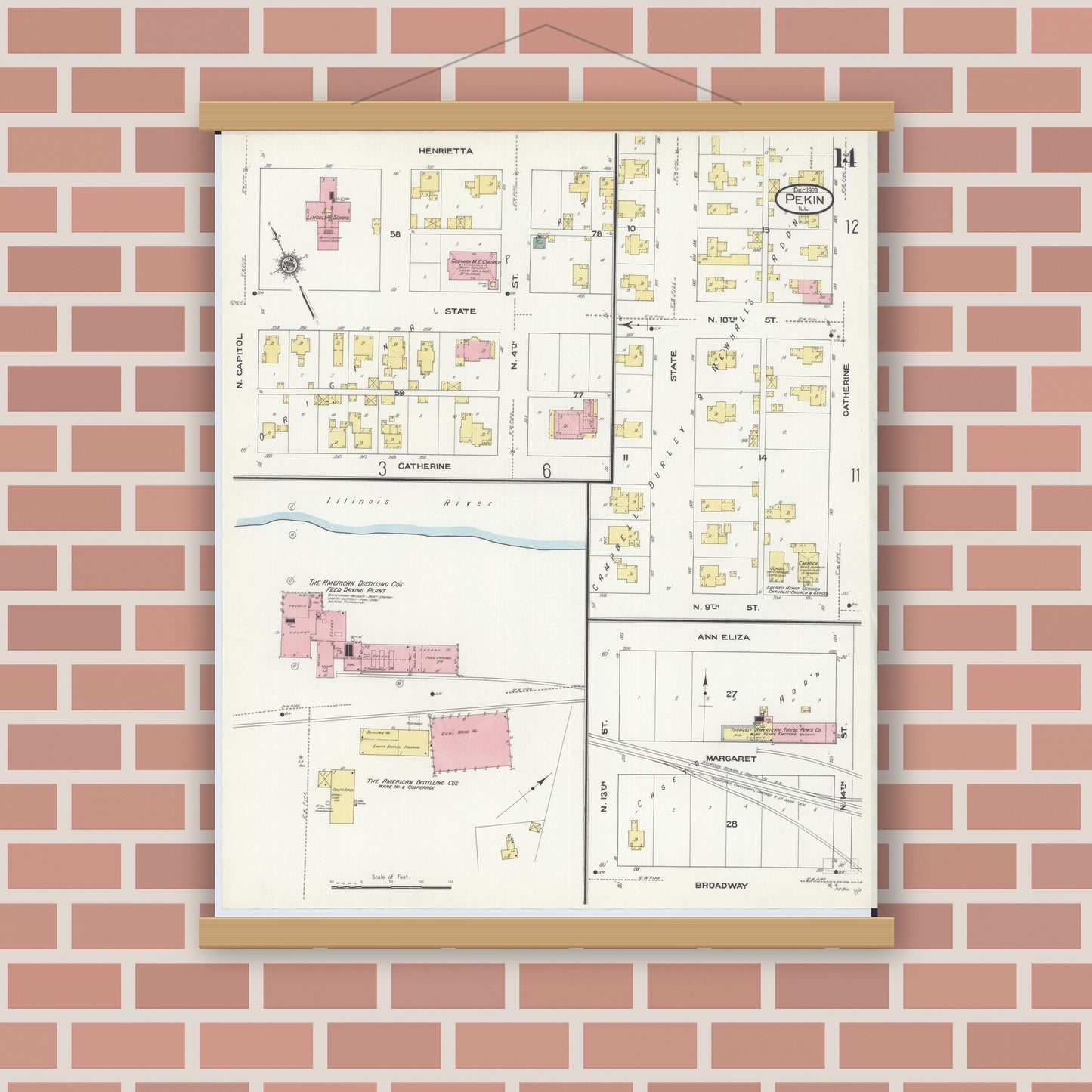Old map wall art mockup — magnetic wood frame on brick wall — Sanborn Fire Insurance Map from Pekin, Tazewell County, Illinois (1909), Sheet #0014