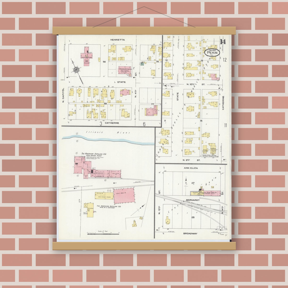 Old map wall art mockup — magnetic wood frame on brick wall — Sanborn Fire Insurance Map from Pekin, Tazewell County, Illinois (1909), Sheet #0014